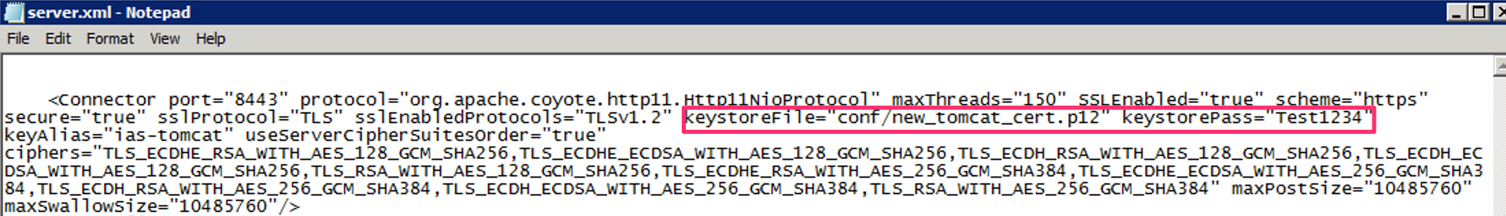 Server.xml keystoreFile location & keystorePass name